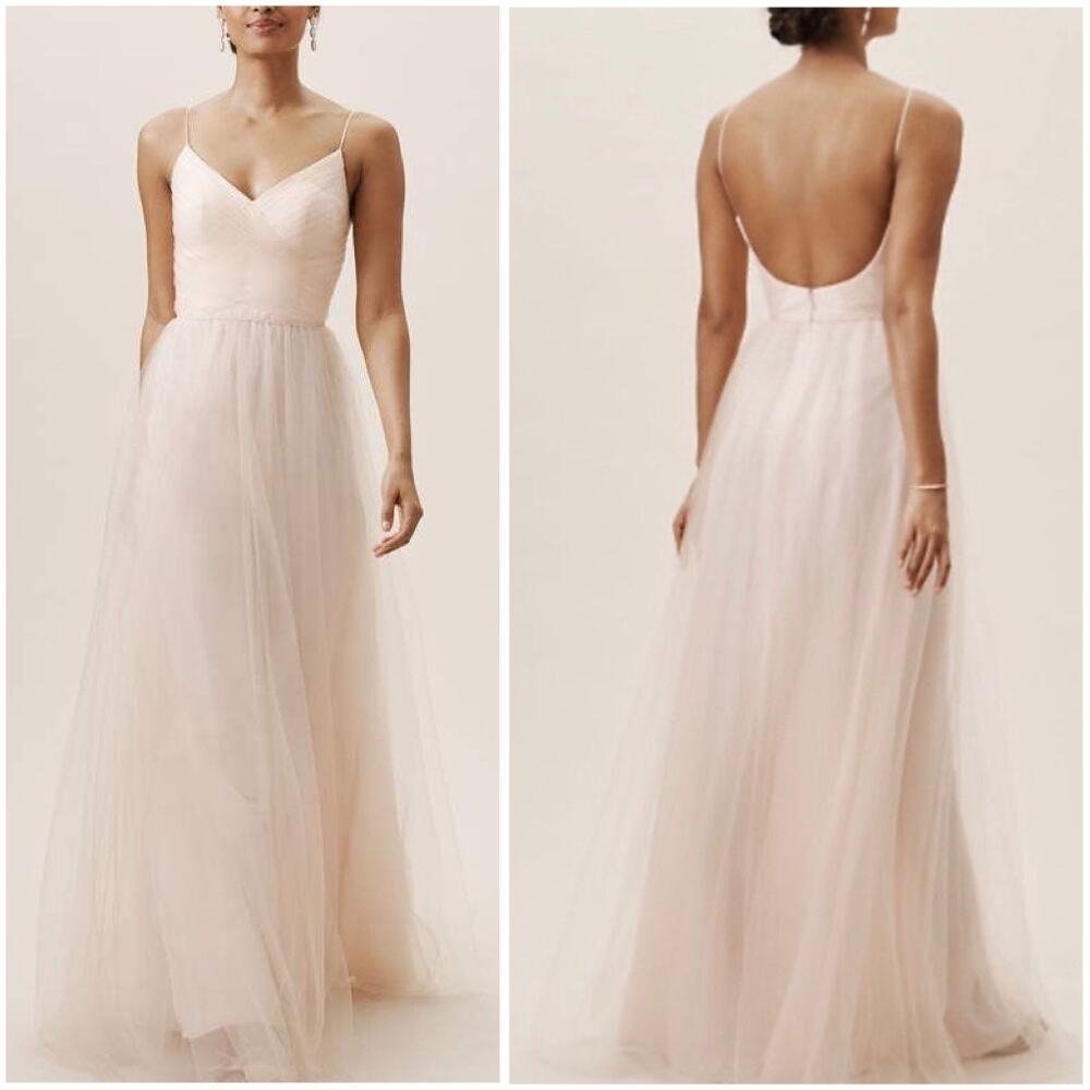 BHLDN Camden Dress Pleated Tulle Maxi Open Back Formal Long Gown Pearl Pink